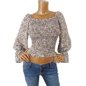 SHE & SKY M Top NWT Metallic Print Cropped Shirt Long Bell Sleeve Stretch Pucker